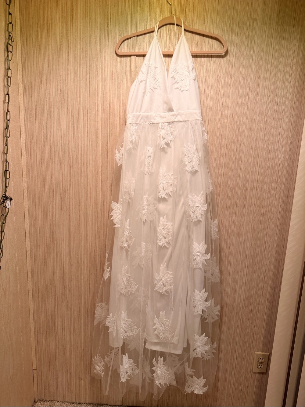 White Halter Floral Appliqué Formal Dress
